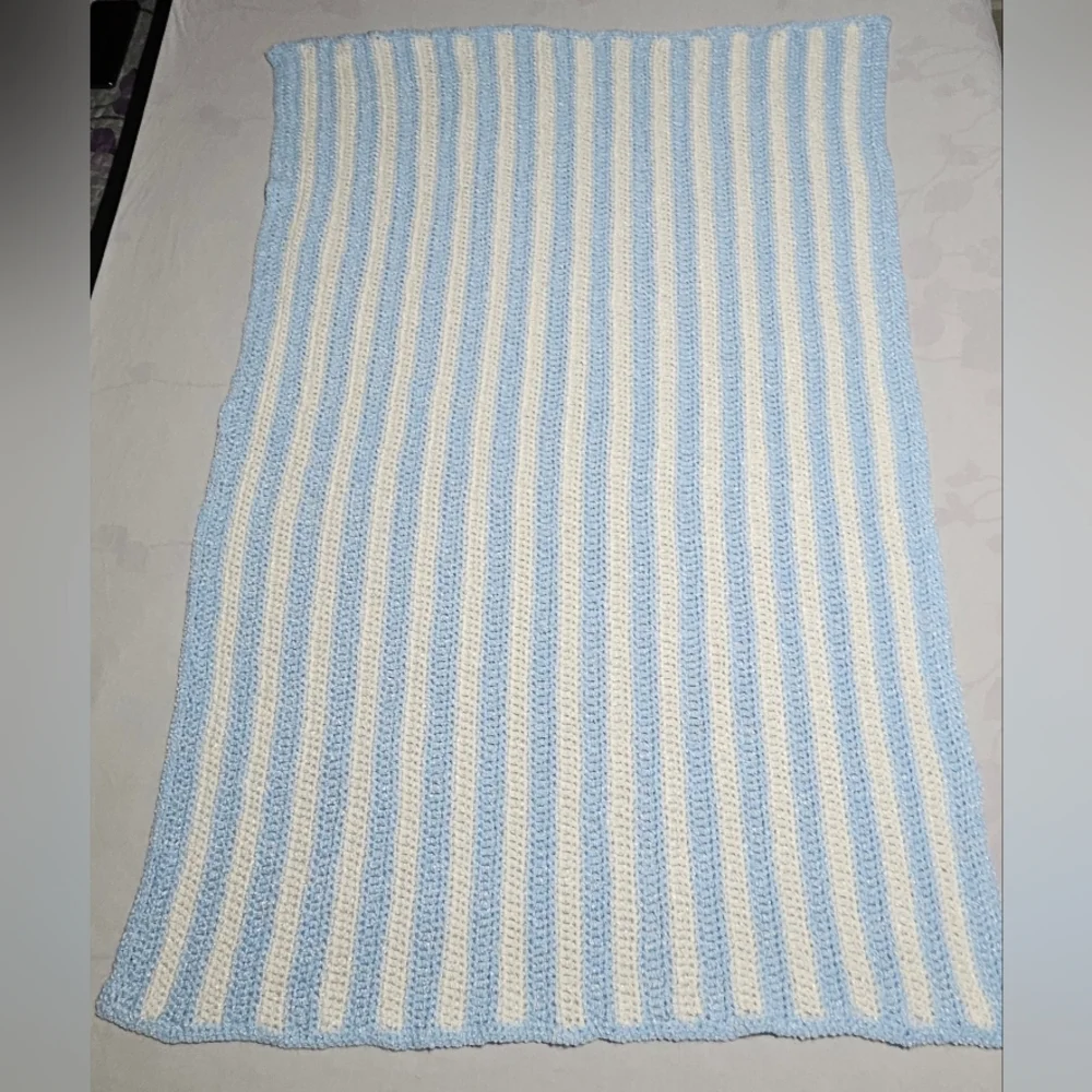 *New* Crochet  blue white stripe afghan baby throw blanket  approx. 34